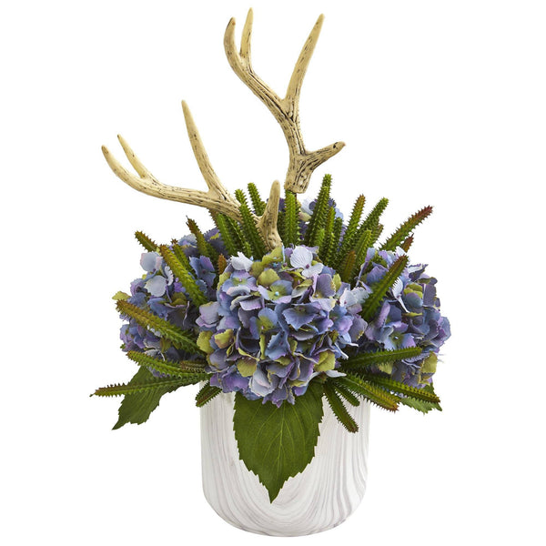 19” Hydrangeas, Succulent and Antlers Artificial Arrangement in Marble Vase