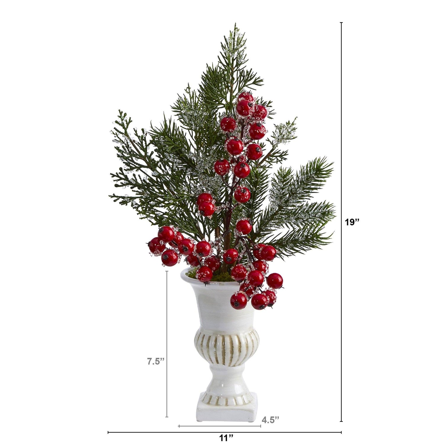 19” Iced Pine and Berries Artificial Arrangement in White Urn
