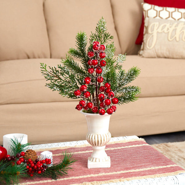19” Iced Pine and Berries Artificial Arrangement in White Urn