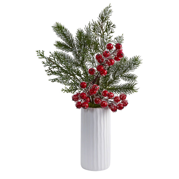 19” Iced Pine and Berries Artificial Arrangement in White Vase