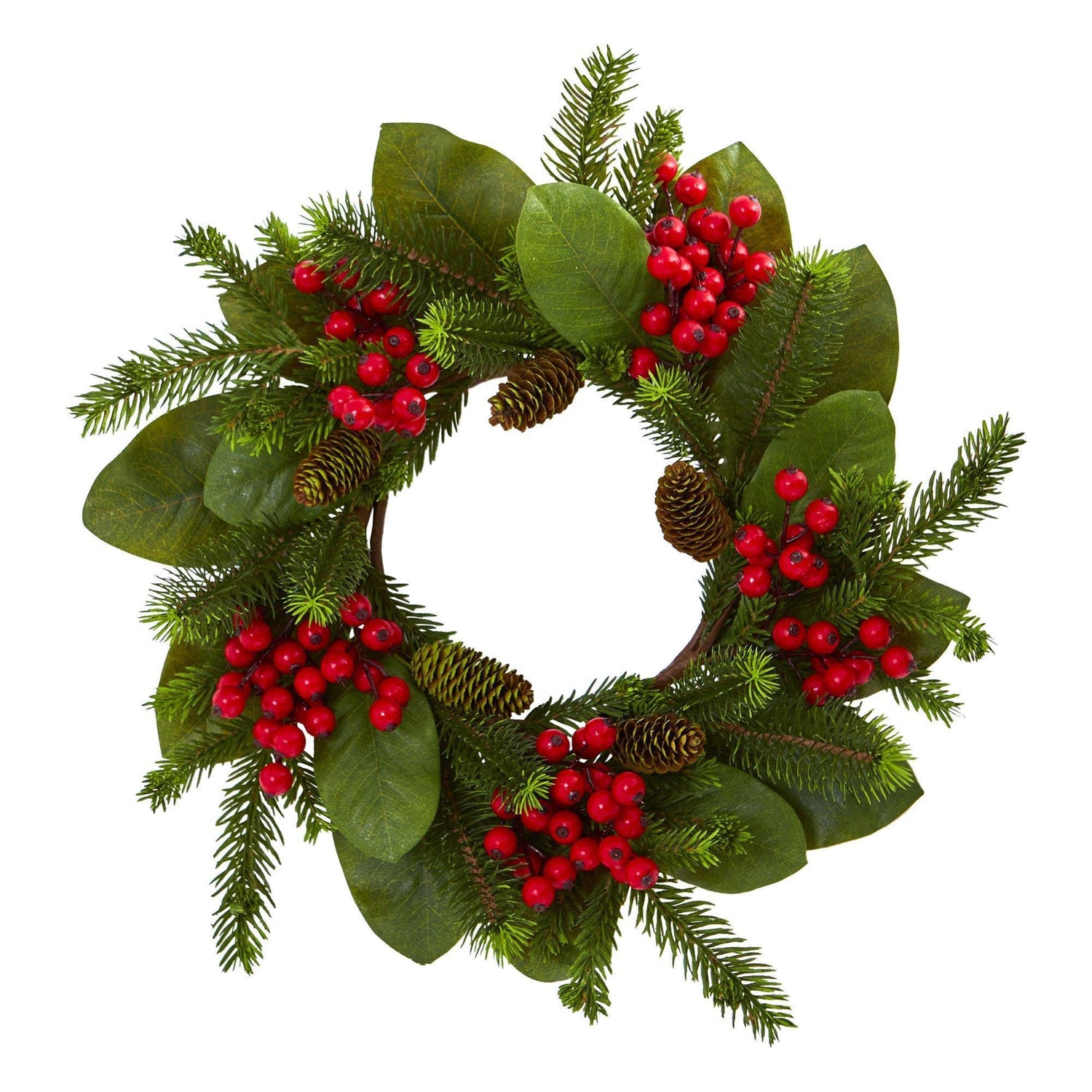 19” Magnolia Leaf, Berry and Pine Artificial Wreath