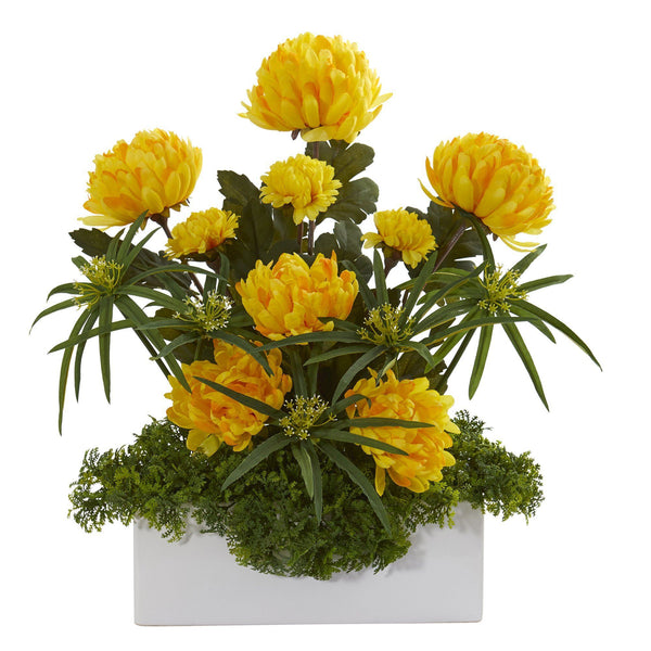 19” Mum and Cyperus Artificial Arrangement in White Vase