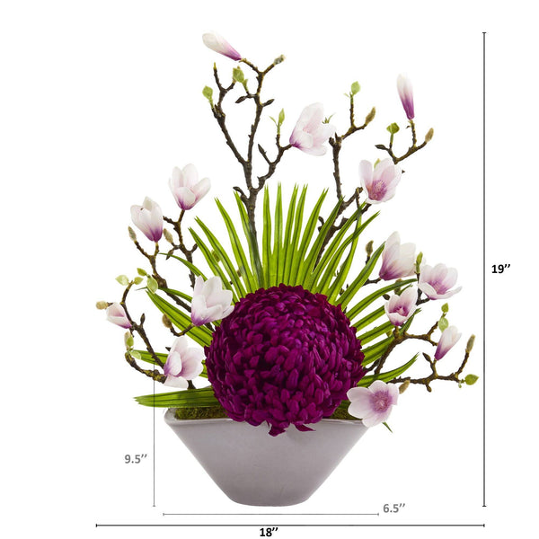 19” Mum, Magnolia and Fan Palm Artificial Arrangement in Vase