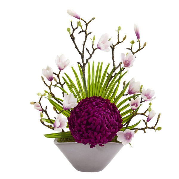 19” Mum, Magnolia and Fan Palm Artificial Arrangement in Vase