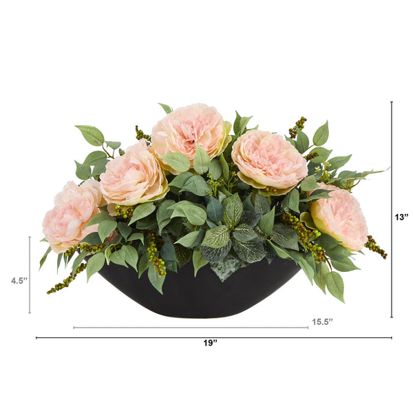 19” Peony and Mixed Greens Artificial Arrangement in Black Vase
