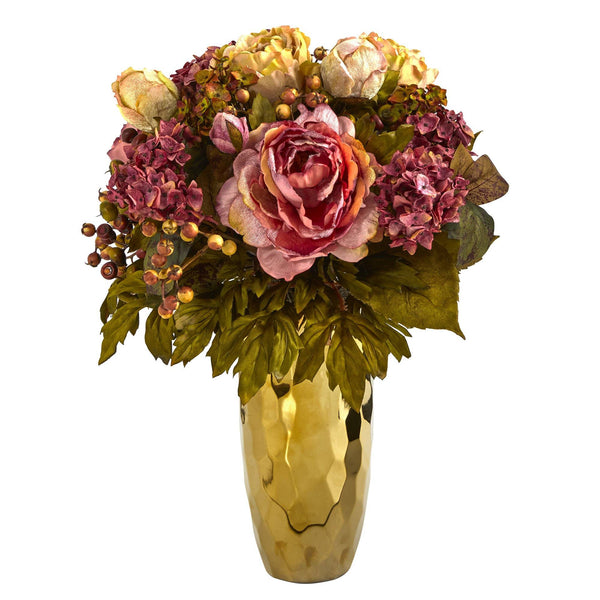 19” Peony Artificial Arrangement in Gold Vase