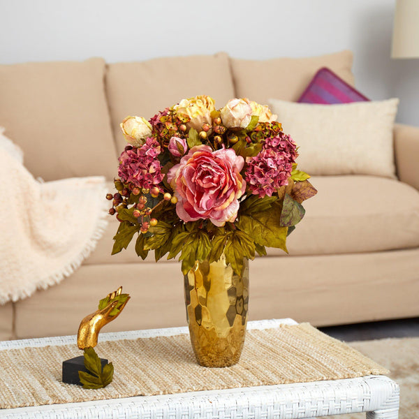 19” Peony Artificial Arrangement in Gold Vase