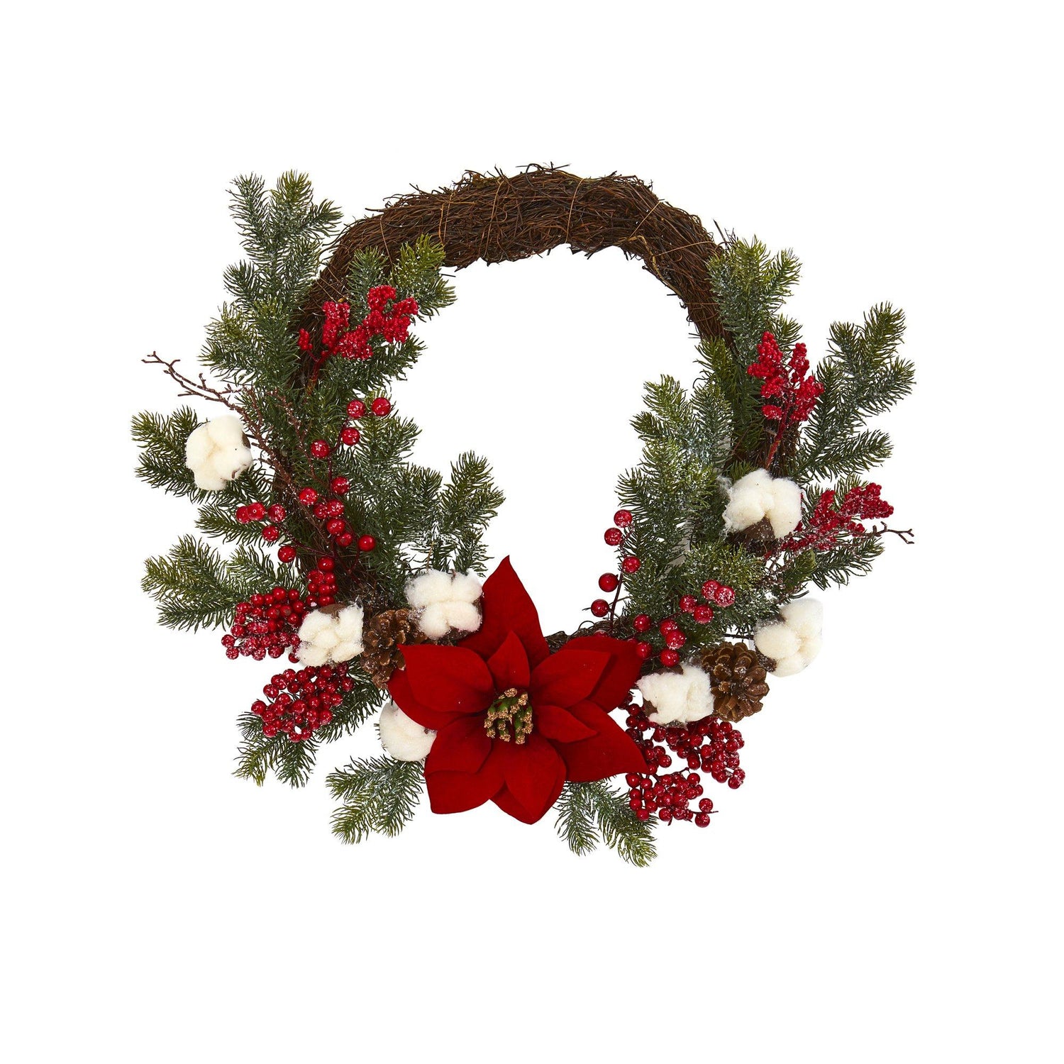 19” Poinsettia with Berries and Cotton Artificial Wreath