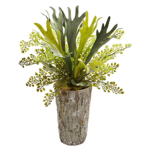 19” Staghorn and Maiden Hair Fern Artificial Plant in Weathered Vase