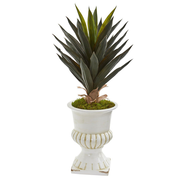 2' Agave Artificial Plant in White Urn