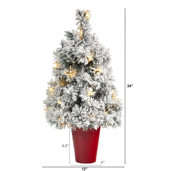 2’ Flocked Artificial Christmas Tree with 30 Clear LED Lights in Burgundy Vase