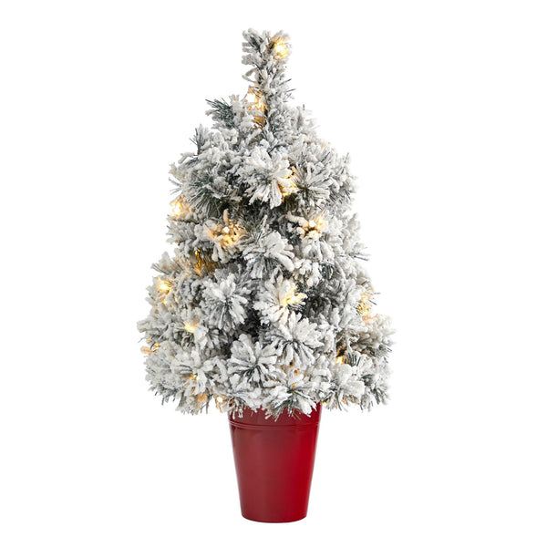 2’ Flocked Artificial Christmas Tree with 30 Clear LED Lights in Burgundy Vase