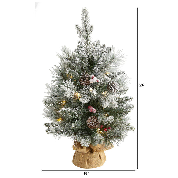 2' Flocked Artificial Christmas Tree with 30 Clear Lights, 73 Bendable Branches, Pine Cones and Berries