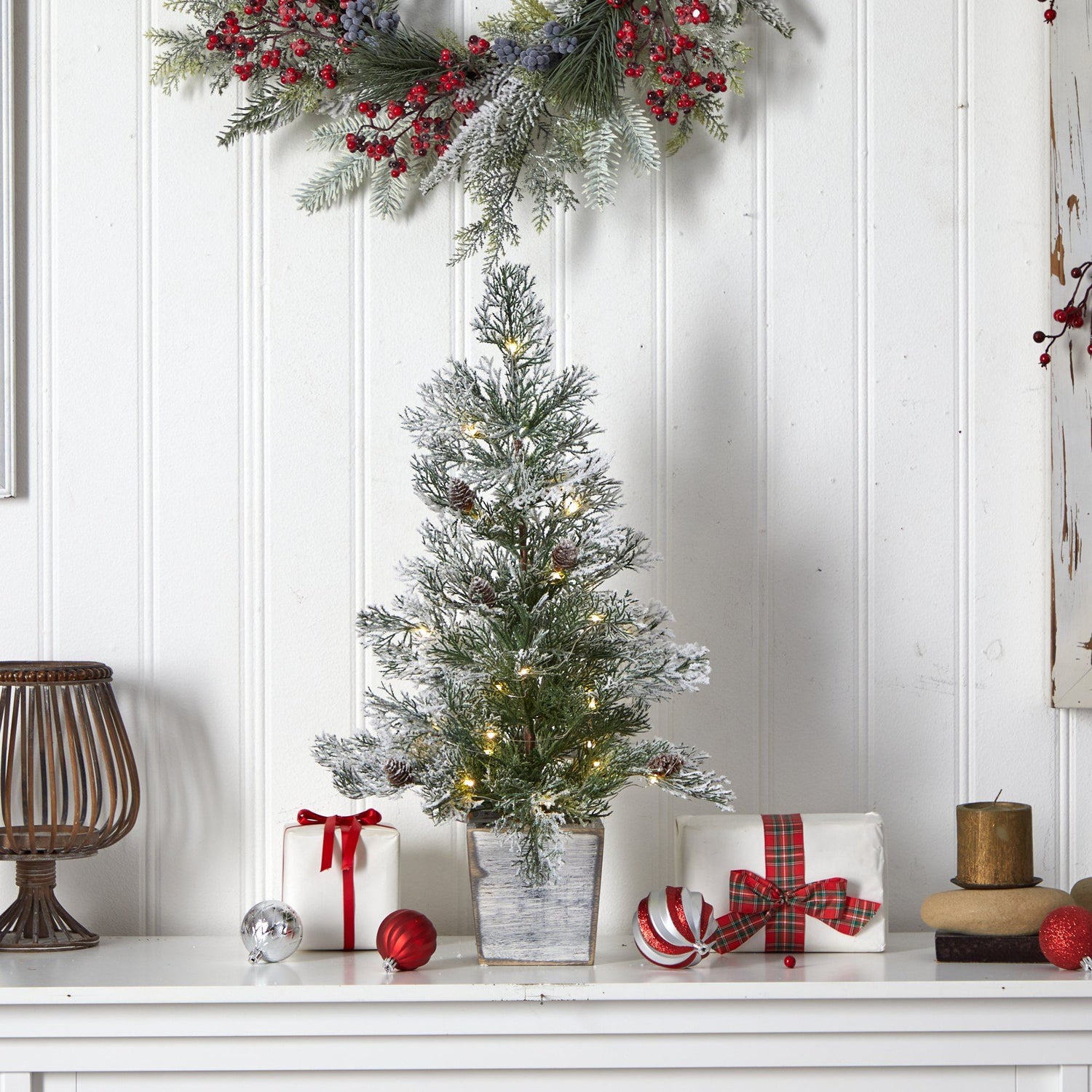 2’ Frosted Pre-Lit Artificial Christmas Tree with Pinecones in Decorative Planter