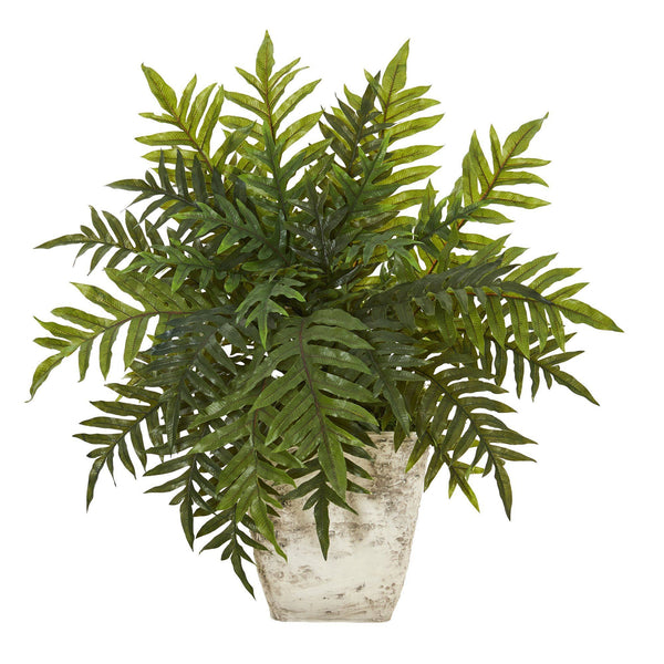 2’ Hares Foot Fern Artificial Plant in Country White Planter (Real Touch)