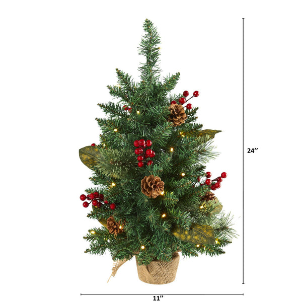 2’ Pine, Pinecone and Berries Artificial Christmas Tree with 35 LED Lights and 86 Bendable Branches