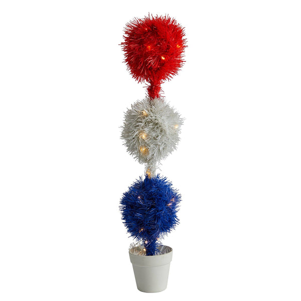 2’ Red, White and Blue “Americana” Artificial Topiary Plant with 35 Warm LED Lights