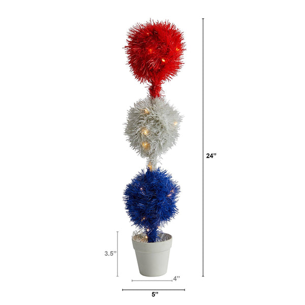 2’ Red, White and Blue “Americana” Artificial Topiary Plant with 35 Warm LED Lights