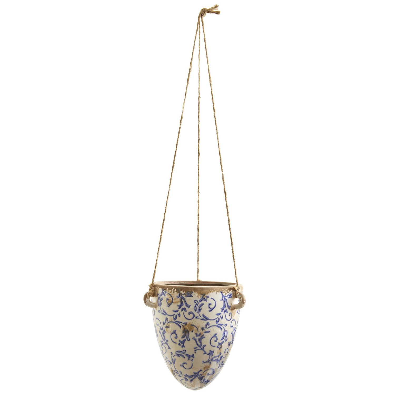 blue and white ceramic hanging planter 2' Tuscan Hanging Ceramic Scroll Planter