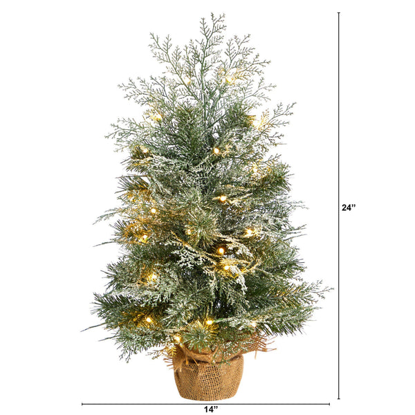2’ Winter Frosted Artificial Christmas Tree with 35 LED Lights in Burlap Base
