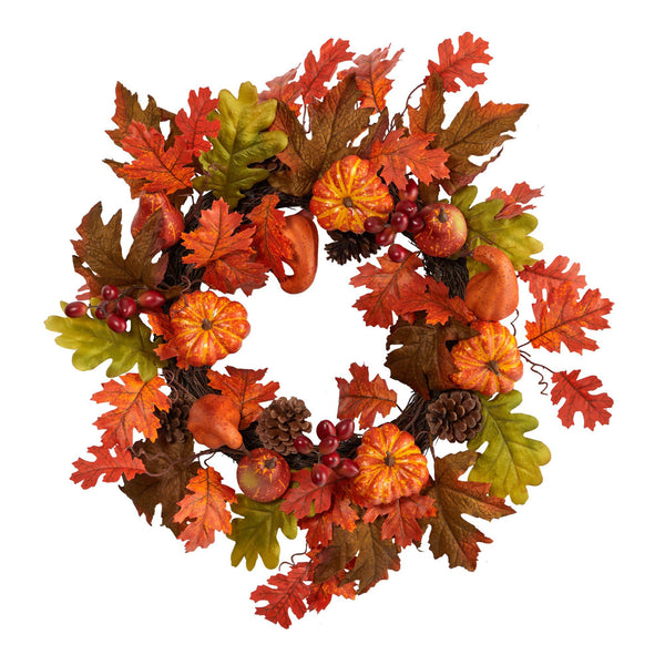 20” Autumn Assorted Maple Leaf, Pumpkin Gourd, Pinecone and Berry Artificial Fall Wreath