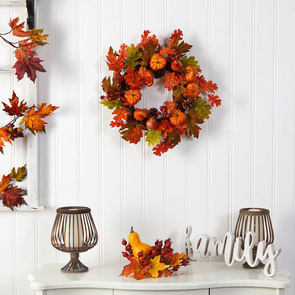 20” Autumn Assorted Maple Leaf, Pumpkin Gourd, Pinecone and Berry Artificial Fall Wreath