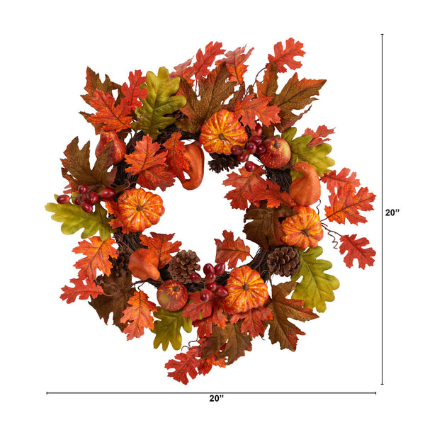 20” Autumn Assorted Maple Leaf, Pumpkin Gourd, Pinecone and Berry Artificial Fall Wreath