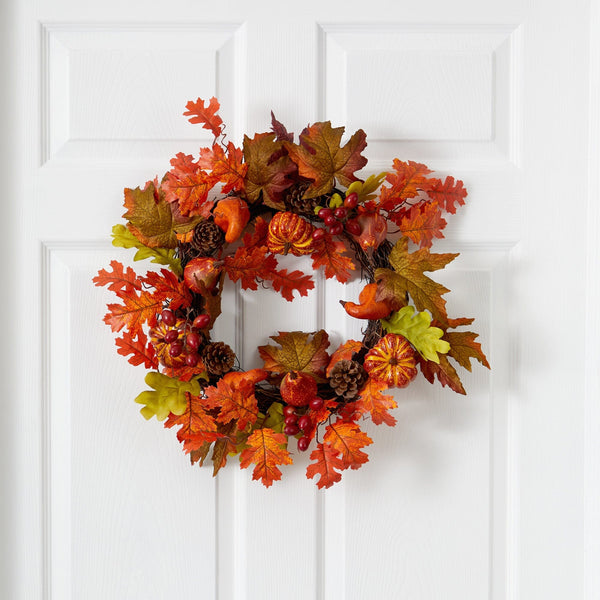 20” Autumn Assorted Maple Leaf, Pumpkin Gourd, Pinecone and Berry Artificial Fall Wreath