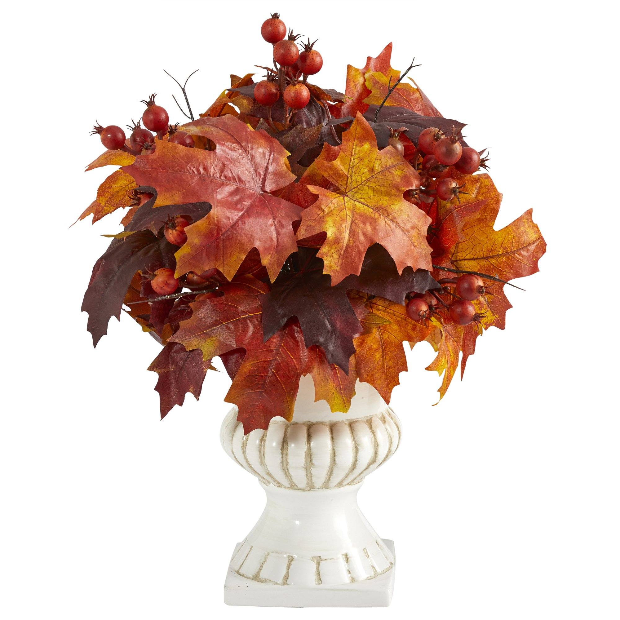 【新品未使用】 メープル Woodland Maple Leaf 20” Autumn Maple Leaf and Berries Artificial Plant in White Urn