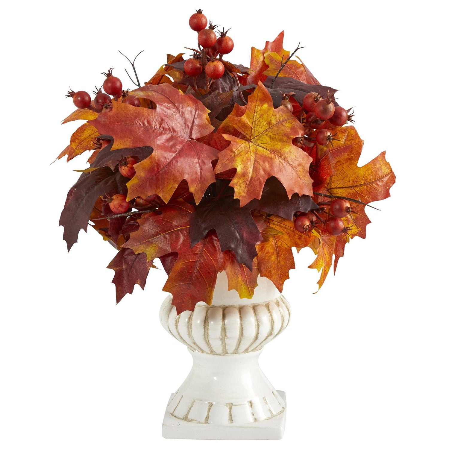 20” Autumn Maple Leaf and Berries Artificial Plant in White Urn