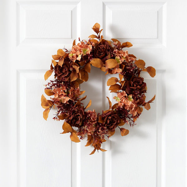 20” Autumn Rose and Hydrangea Fall Artificial Wreath