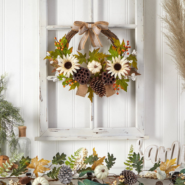 20” Autumn Sunflower, White Pumpkin and Dried Lotus Pod Artificial Fall Wreath with Decorative Bow