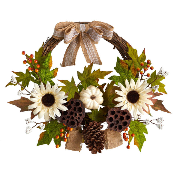 20” Autumn Sunflower, White Pumpkin and Dried Lotus Pod Artificial Fall Wreath with Decorative Bow