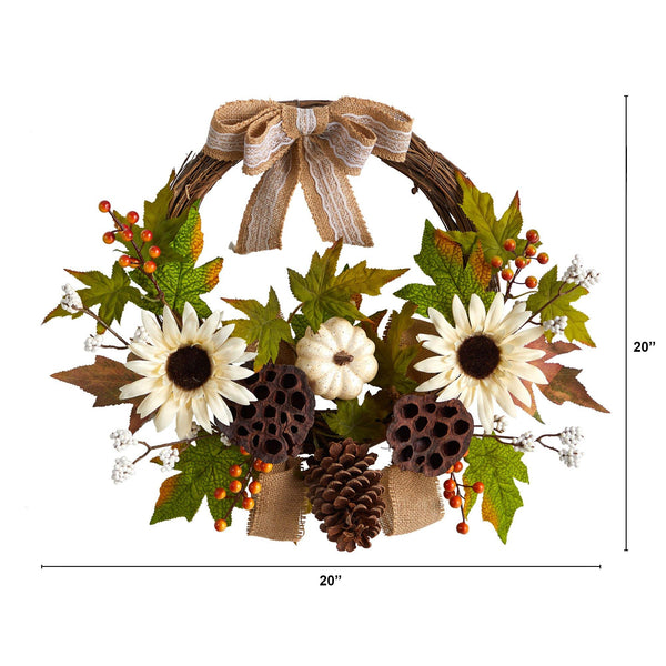 20” Autumn Sunflower, White Pumpkin and Dried Lotus Pod Artificial Fall Wreath with Decorative Bow