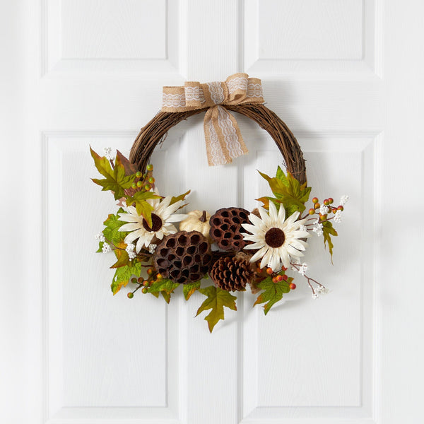 20” Autumn Sunflower, White Pumpkin and Dried Lotus Pod Artificial Fall Wreath with Decorative Bow