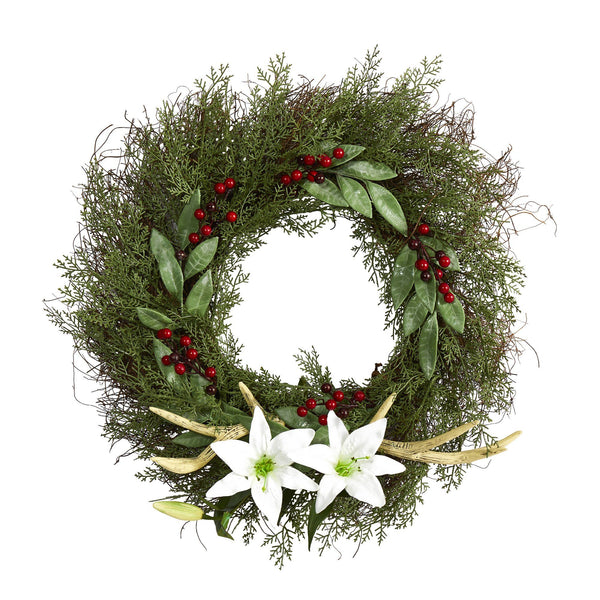 20” Cedar, Antlers, Lily and Ruscus with Berries Artificial Wreath