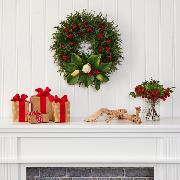 20” Cedar, Berries and Magnolia Artificial Christmas Wreath