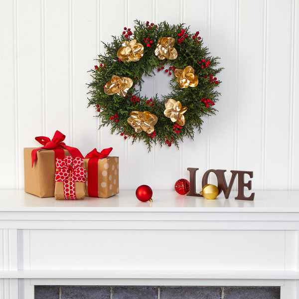 20” Cedar Berry and Metallic Eucalyptus Artificial Wreath
