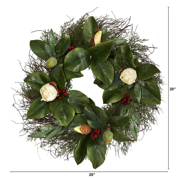 20” Cedar, Ruscus and Magnolia with Berries Artificial Wreath