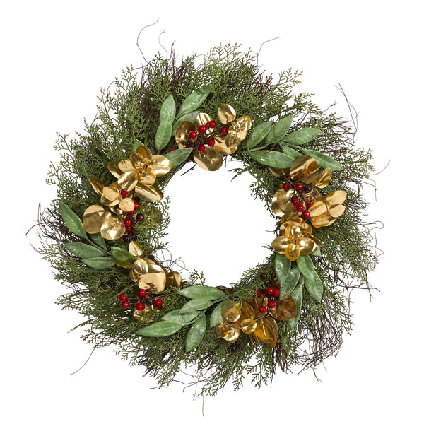 20” Cedar, Ruscus, Berries and Golden Eucalyptus Artificial Wreath