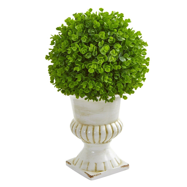 20” Eucalyptus Artificial Ball Topiary in White Ceramic Urn