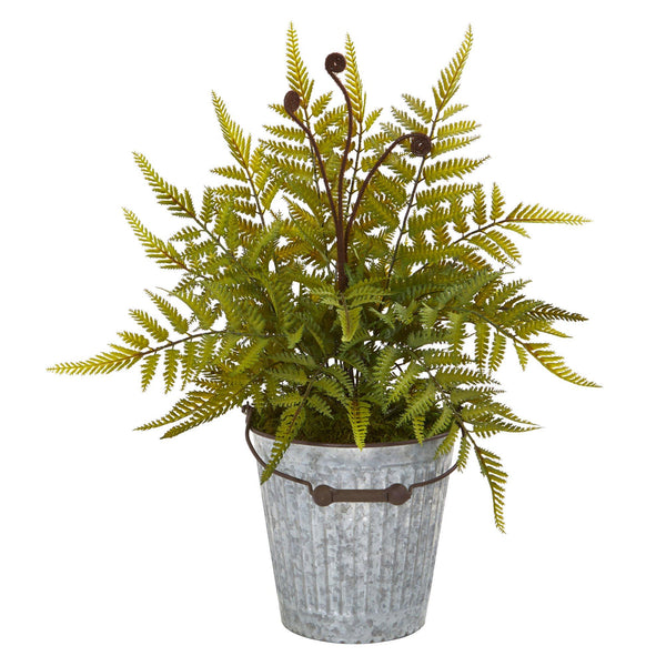 20” Fern Artificial Plant in Vintage Metal Bucket