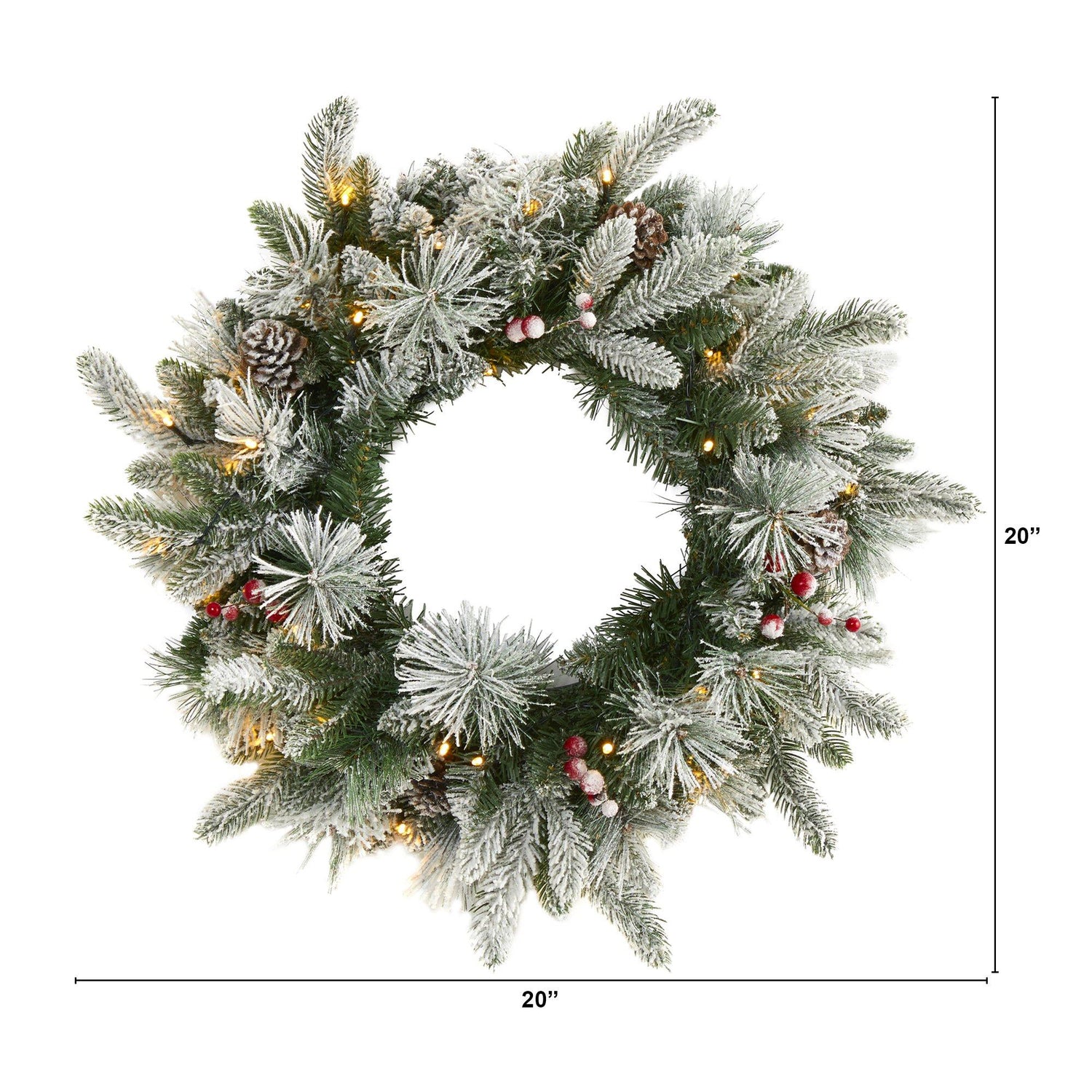 20” Flocked Mixed Pine Artificial Christmas Wreath with 50 LED Lights, Pine Cones and Berries