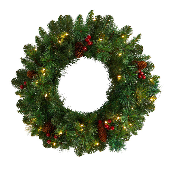 20” Frosted Pine Artificial Christmas Wreath with Pinecones, Berries and 35 Warm White LED Lights