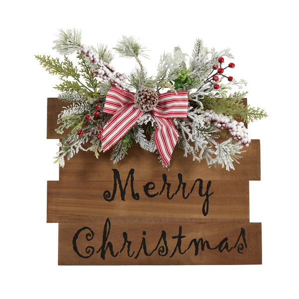 20" Holiday Merry Christmas Door Wall Hanger with Pine and Berries Stripped Bow Wall Art Décor"