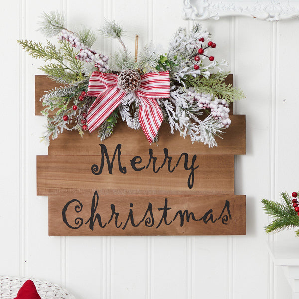 20" Holiday Merry Christmas Door Wall Hanger with Pine and Berries Stripped Bow Wall Art Décor"
