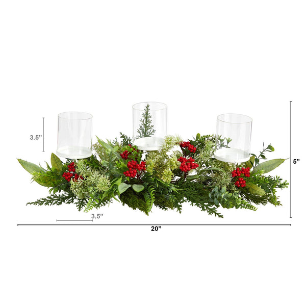 20” Holiday Winter Greenery and Berries Triple Candle Holder Artificial Christmas Table Arrangement