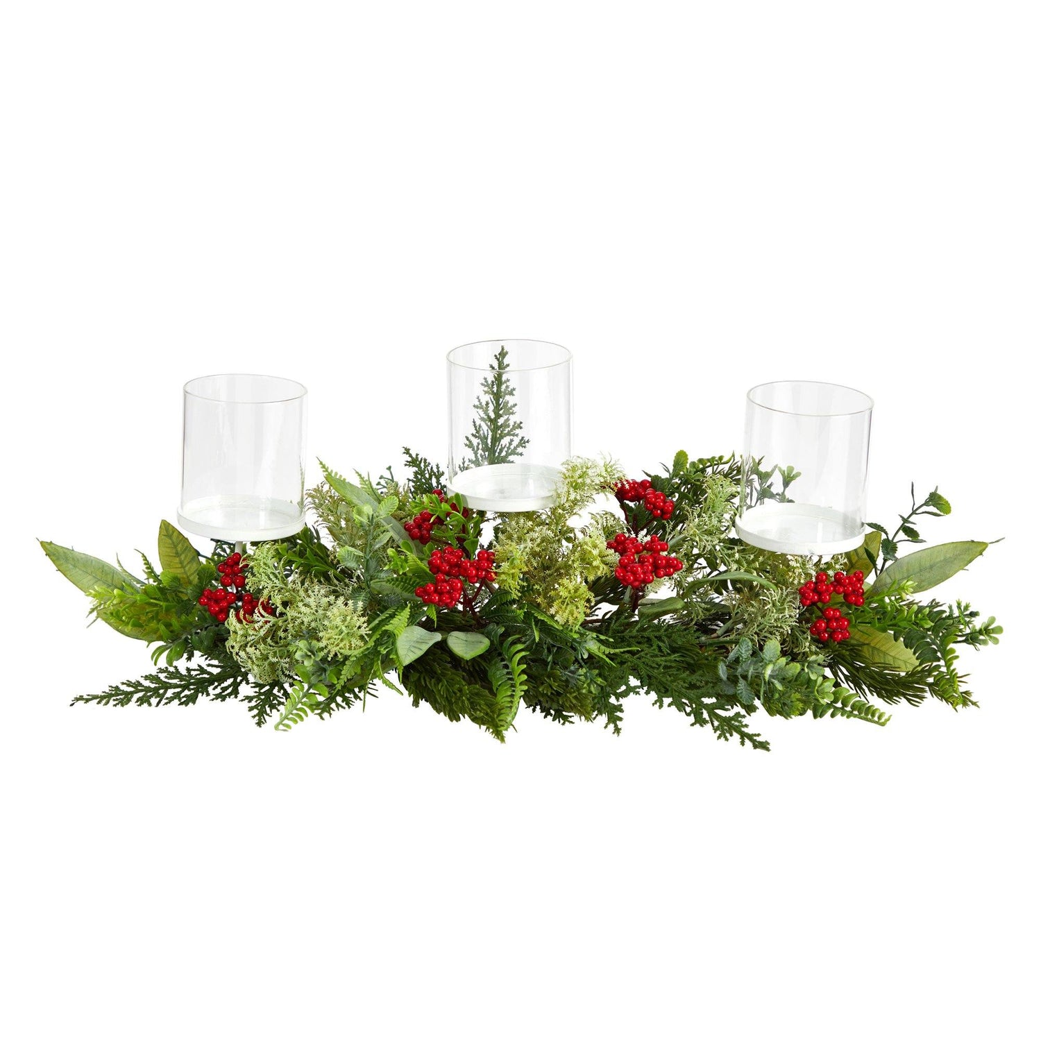 20” Holiday Winter Greenery and Berries Triple Candle Holder Artificial Christmas Table Arrangement