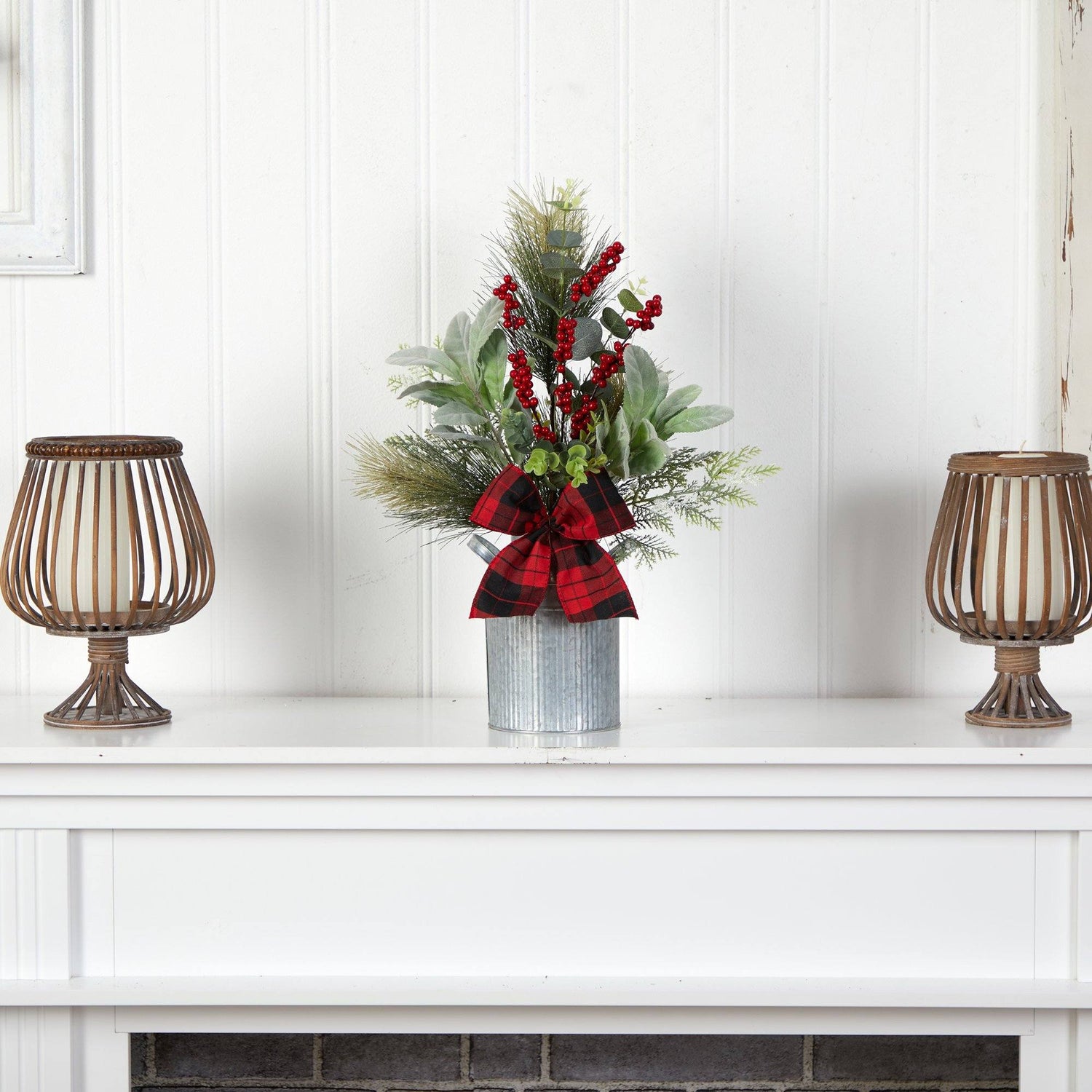 20" Holiday Winter Greenery, Pinecone and Berries with Buffalo Plaid Bow Christmas  Arrangement"