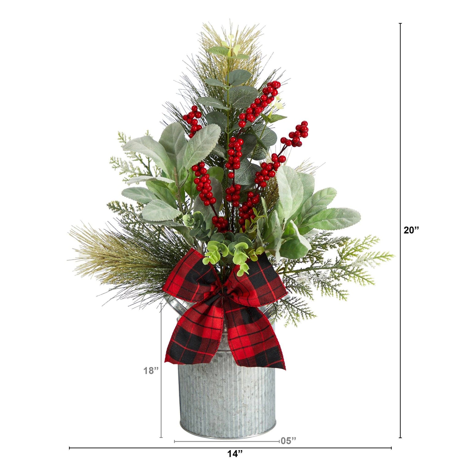 20" Holiday Winter Greenery, Pinecone and Berries with Buffalo Plaid Bow Christmas  Arrangement"